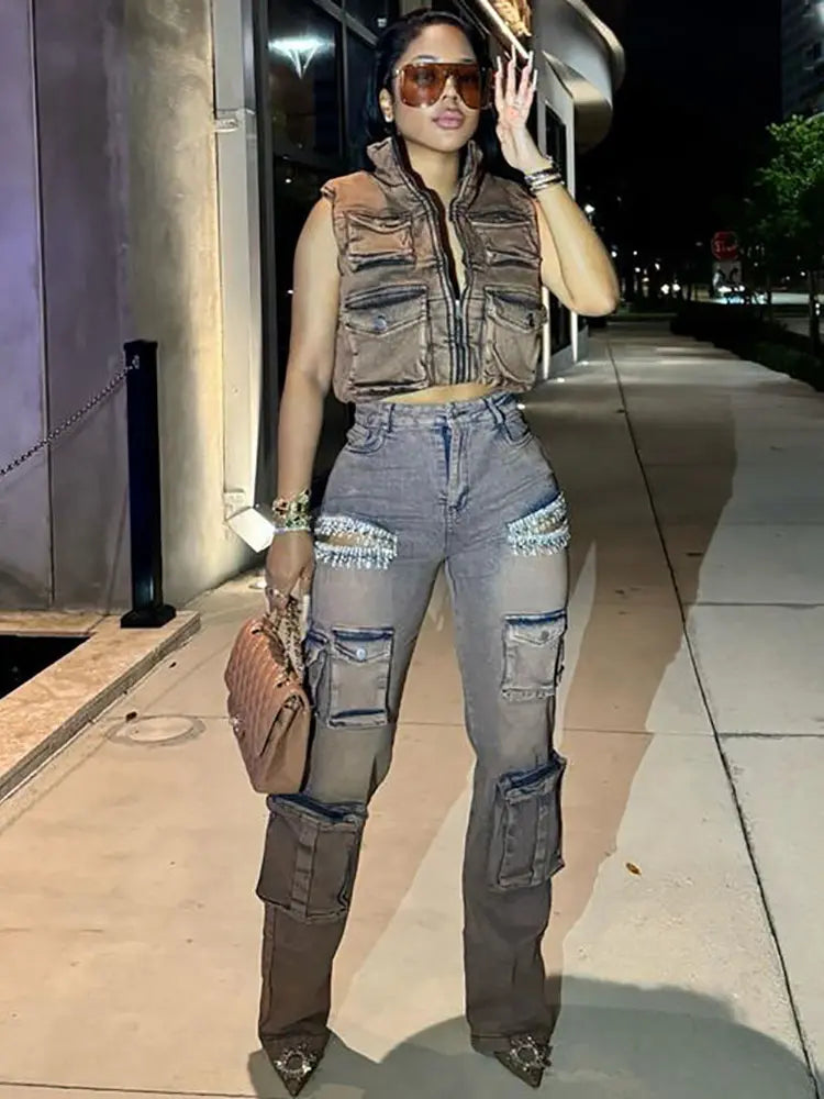 Trendy Fringe Cargo Jeans-Massicos