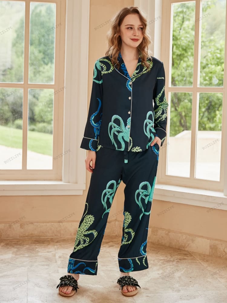 Octopus Print Ice Silk Long-Sleeve Pajama Loungewear Set-Massicos