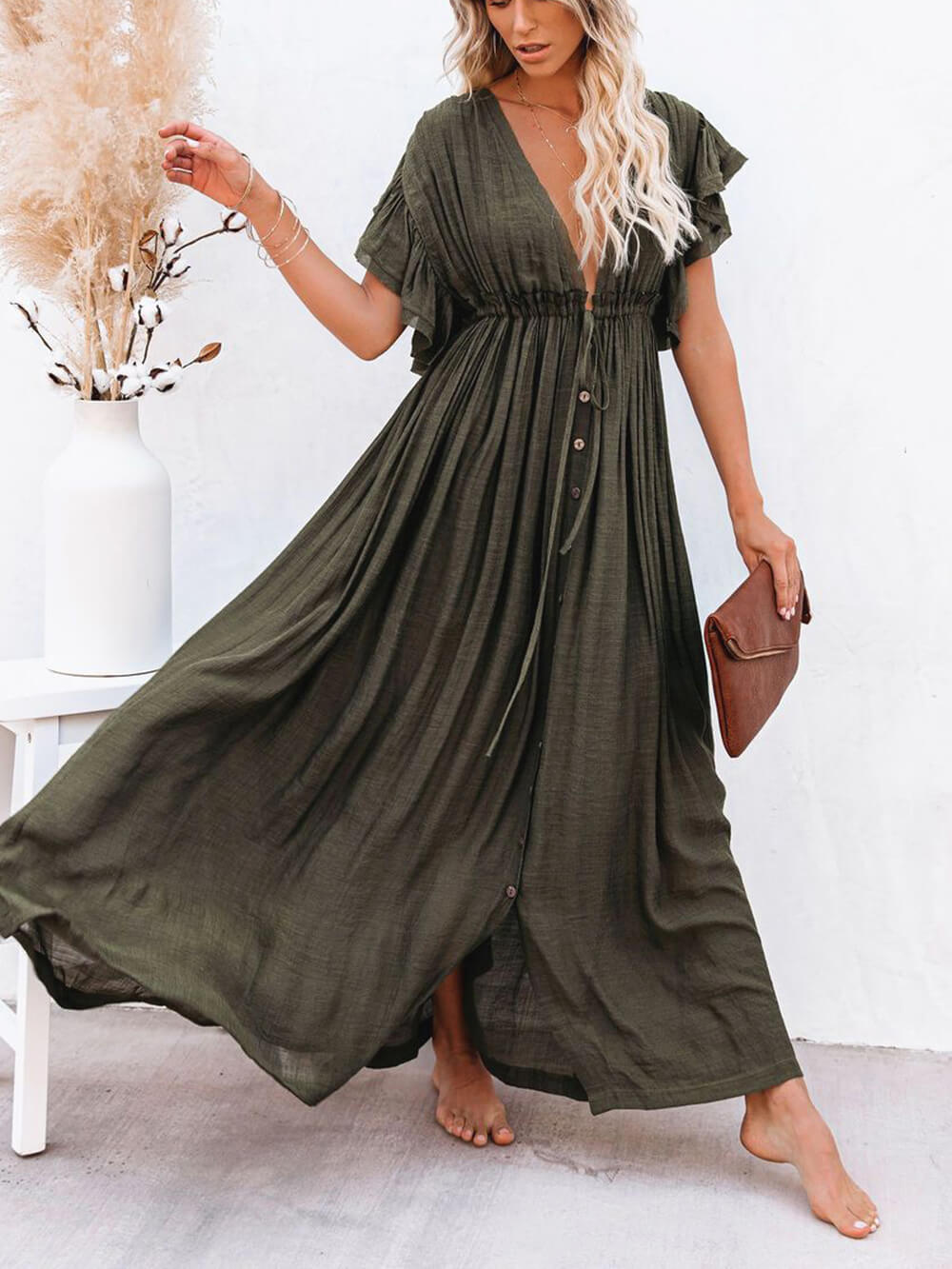 Button Cotton Linen Perfect Beach Boho Maxi Dress-Massicos
