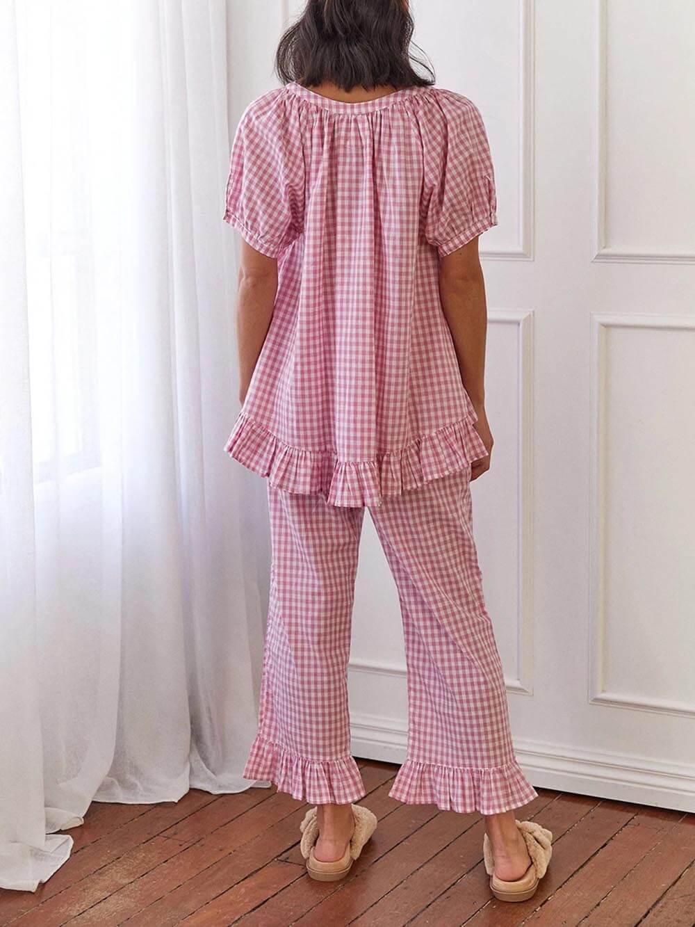 Casual Ruffled Plaid Print Shirt Pajama Set-Massicos