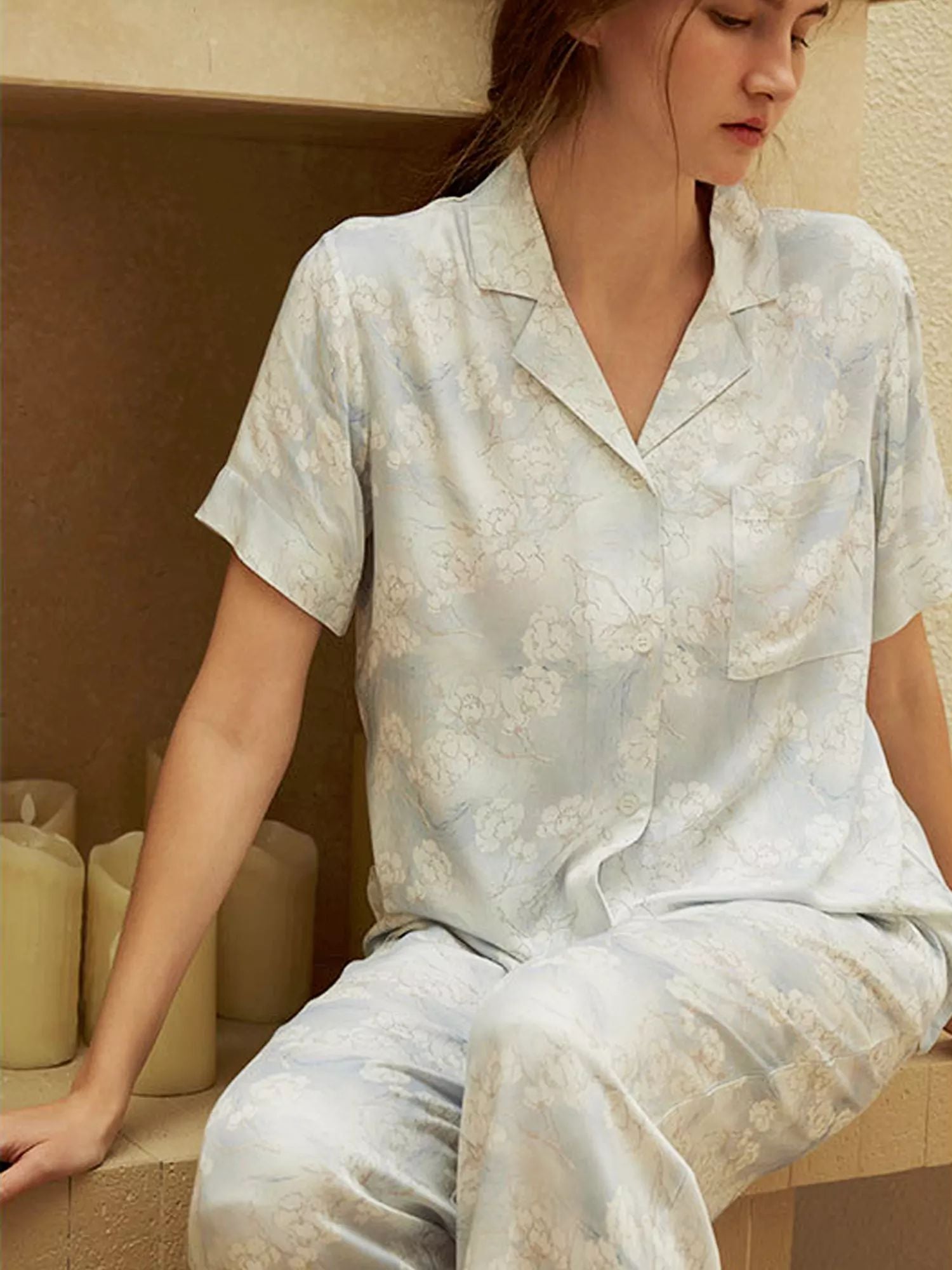 Satin Blossom Floral Print Pajama Set-Massicos