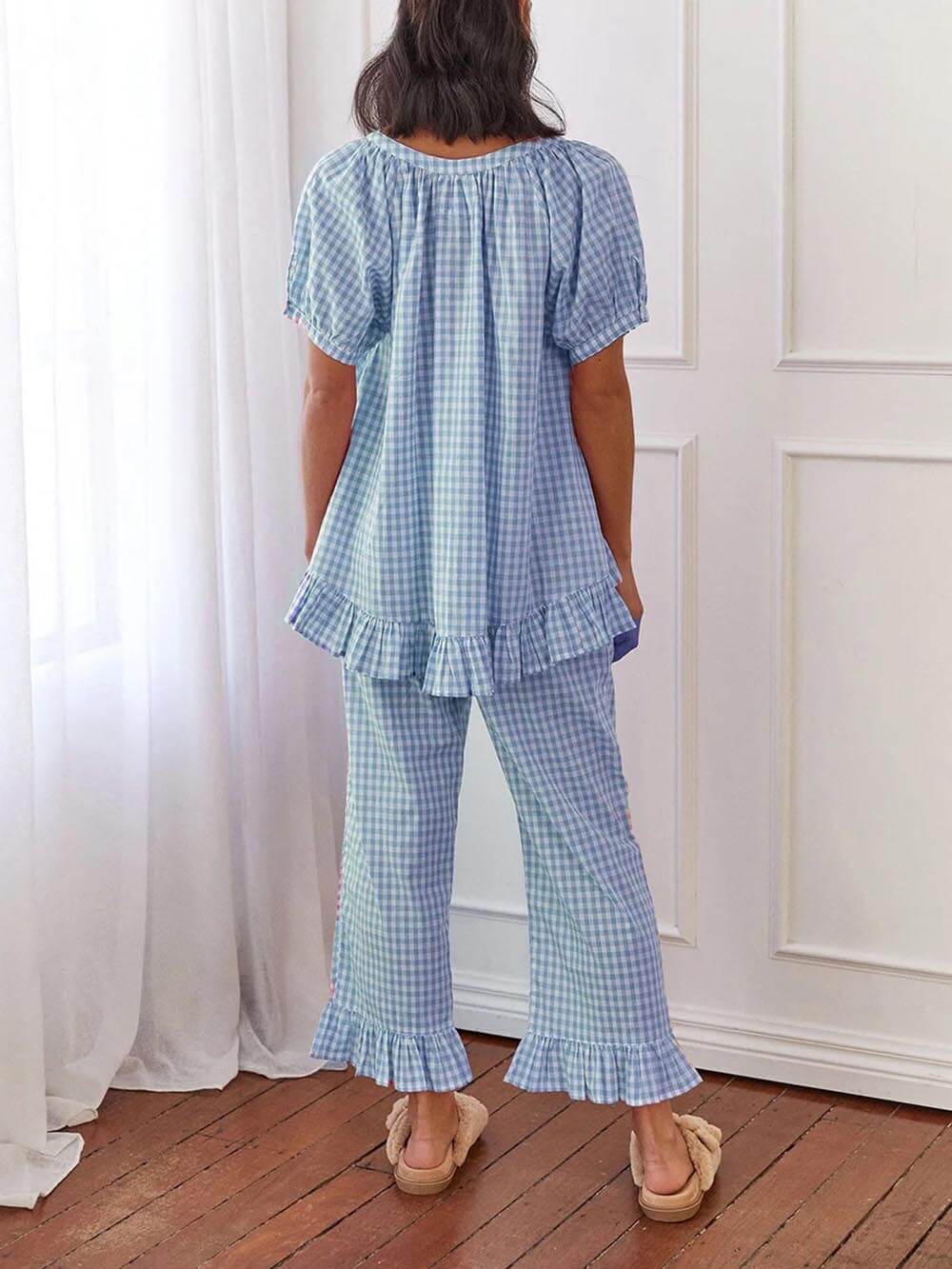 Casual Ruffled Plaid Print Shirt Pajama Set-Massicos