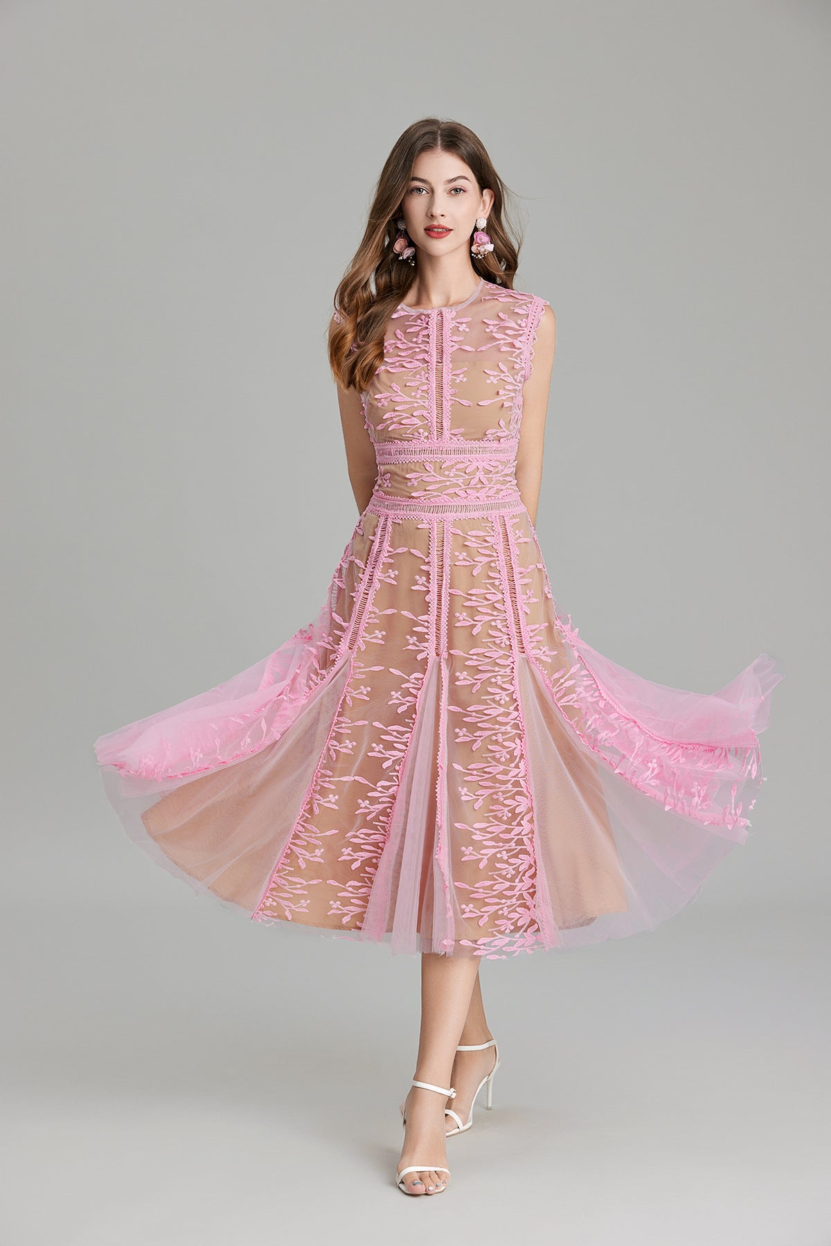 Maëlle Round Neck Mesh Embroidered Midi Dress In Beige-ROVOLE
