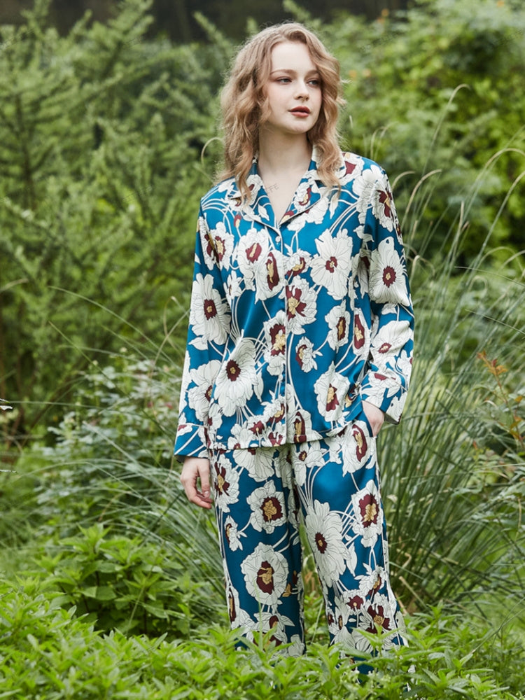 Blue Floral Pattern Ice Silk Long Sleeve Loungewear Set-Massicos