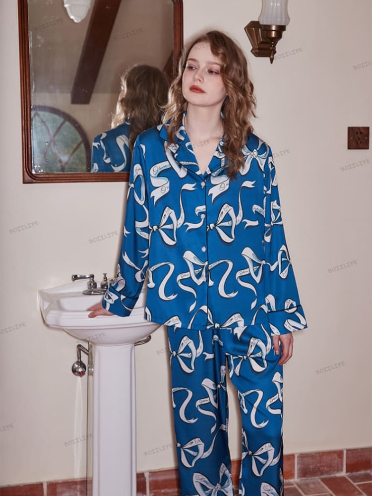 Bow Pattern Ice Silk Pajama Set-Massicos