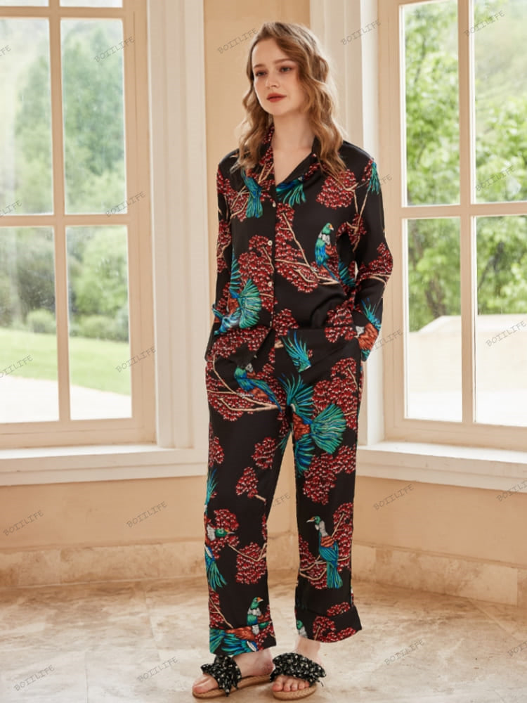 Bird of Paradise Pattern Ice Silk Long Sleeve Pajama Set-Massicos