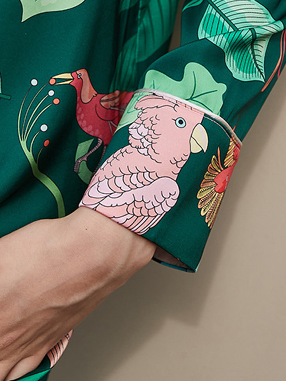 Green Parrot Print Silk Pajama Set-Massicos