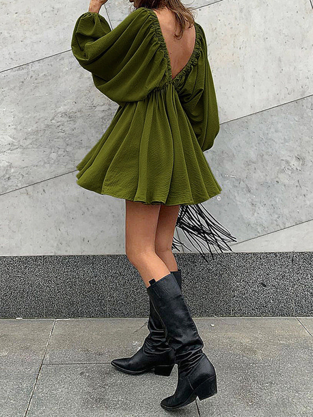 Woven Plunge Skater Mini Dress-Massicos