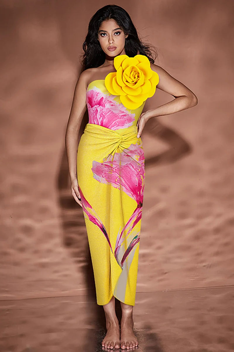 Floral Print Swimsuit with 3D Flower Detail-ROVOLE