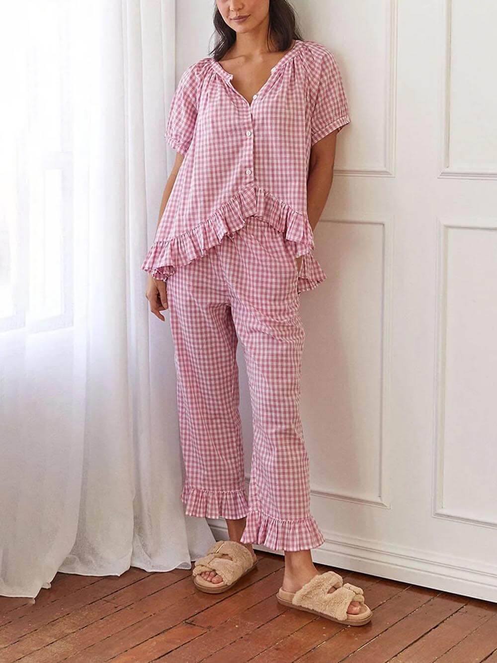 Casual Ruffled Plaid Print Shirt Pajama Set-Massicos