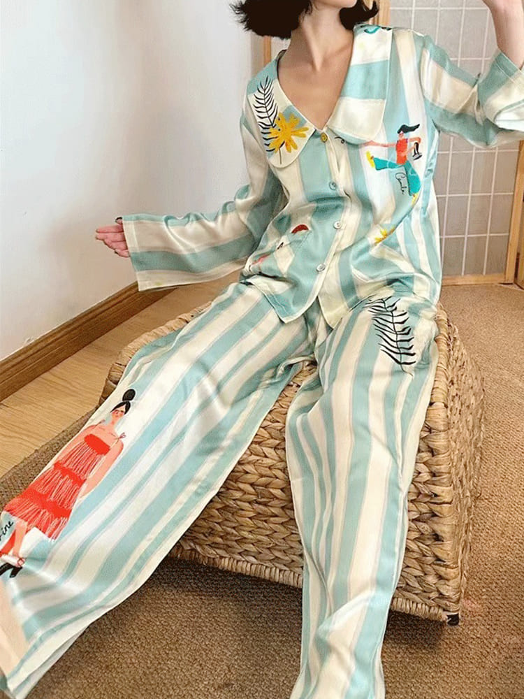 Homewear - Printed Ice Silk Long Sleeve Pajama Set-Massicos