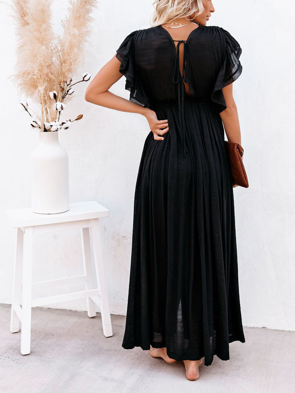 Button Cotton Linen Perfect Beach Boho Maxi Dress-Massicos