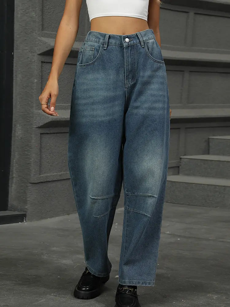 Relaxed Wash Harem Denim Pants Cropped-Massicos