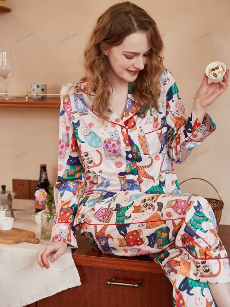 Cute Cat Print Ice Silk Long-Sleeve Pajama Set-Massicos