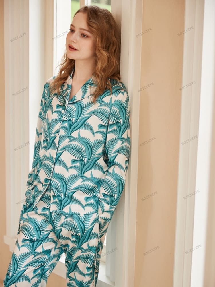Mimosa Pattern Ice Silk Long Sleeve Casual Wear Set-Massicos
