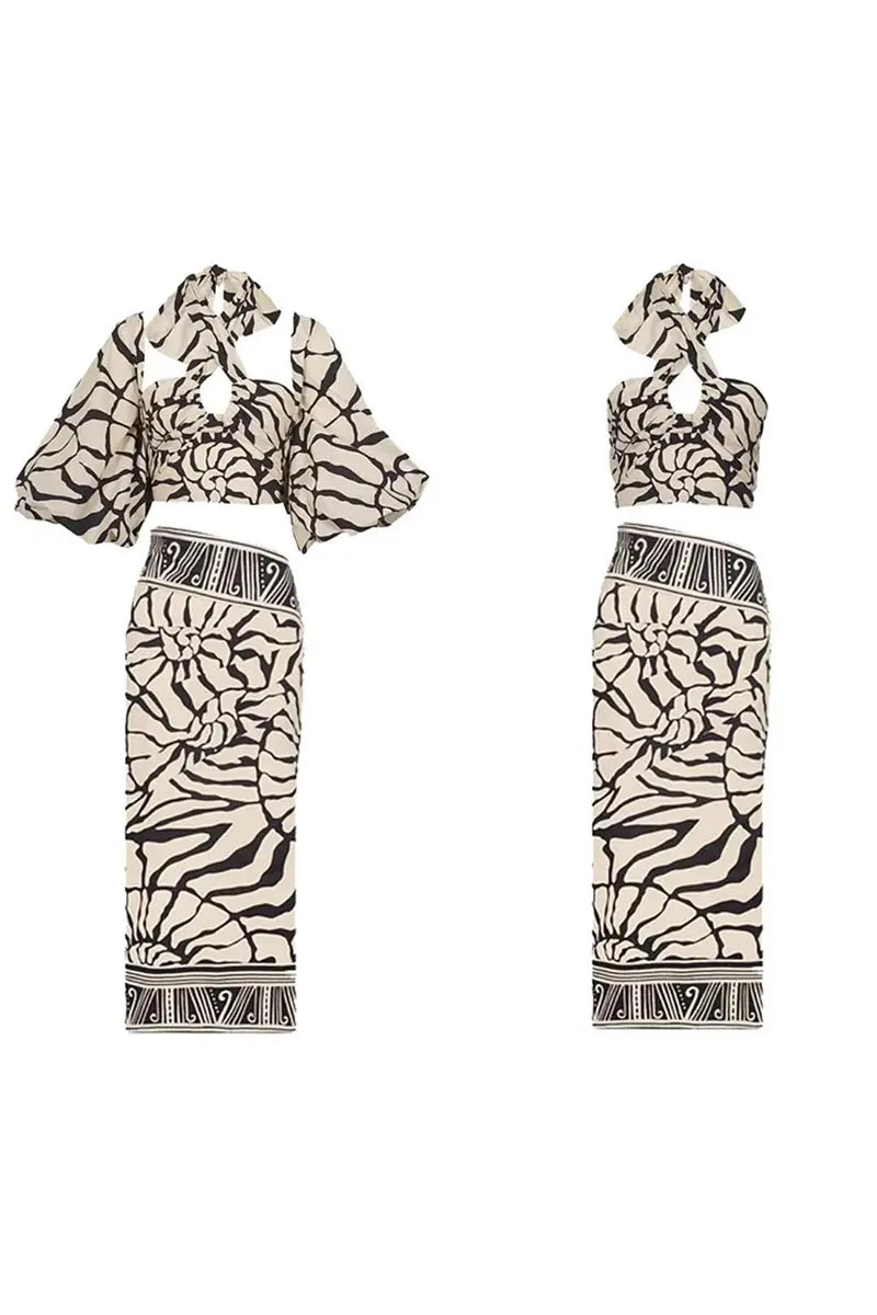 Halter Printed Swimsuit Set with Detachable Sleeves-ROVOLE