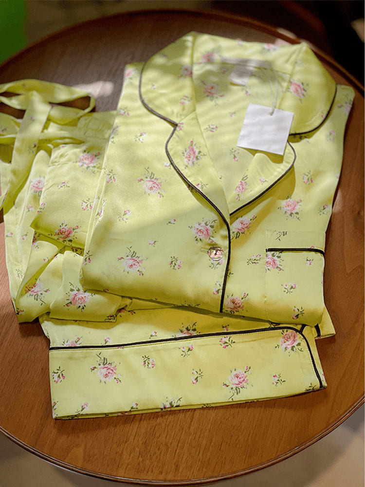 Fluorescent Green Floral Long Sleeve Pajama Set-Massicos