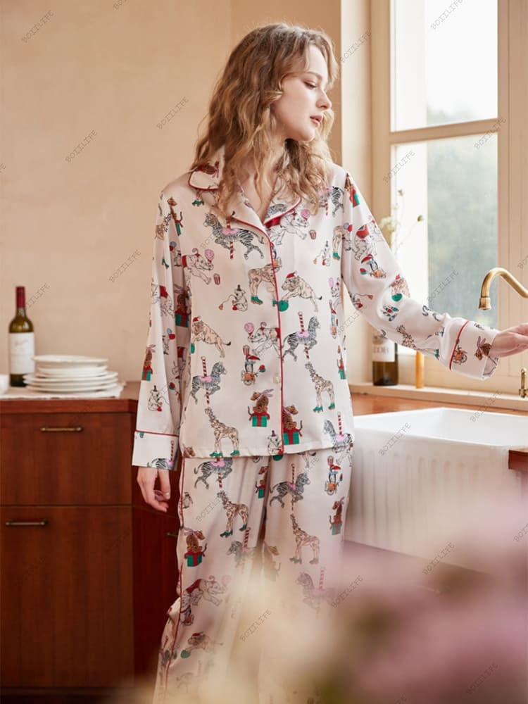 Circus Print Ice Silk Long-Sleeve Loungewear Set-Massicos