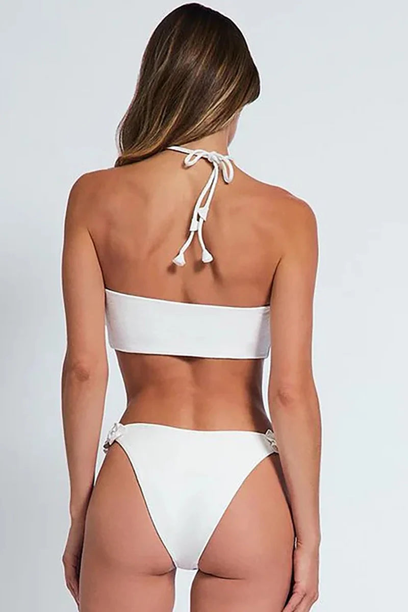 Halter Solid Color Floral Embellished Swimsuit-ROVOLE