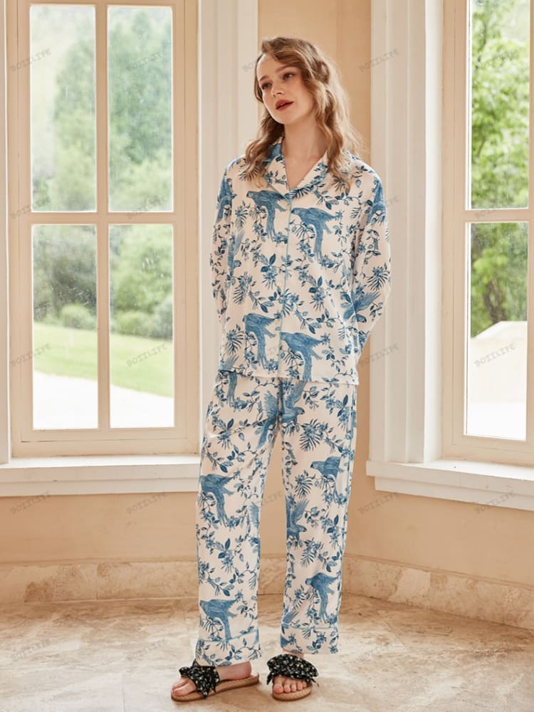 Parrot Print Ice Silk Long-Sleeve Pajama Loungewear Set-Massicos