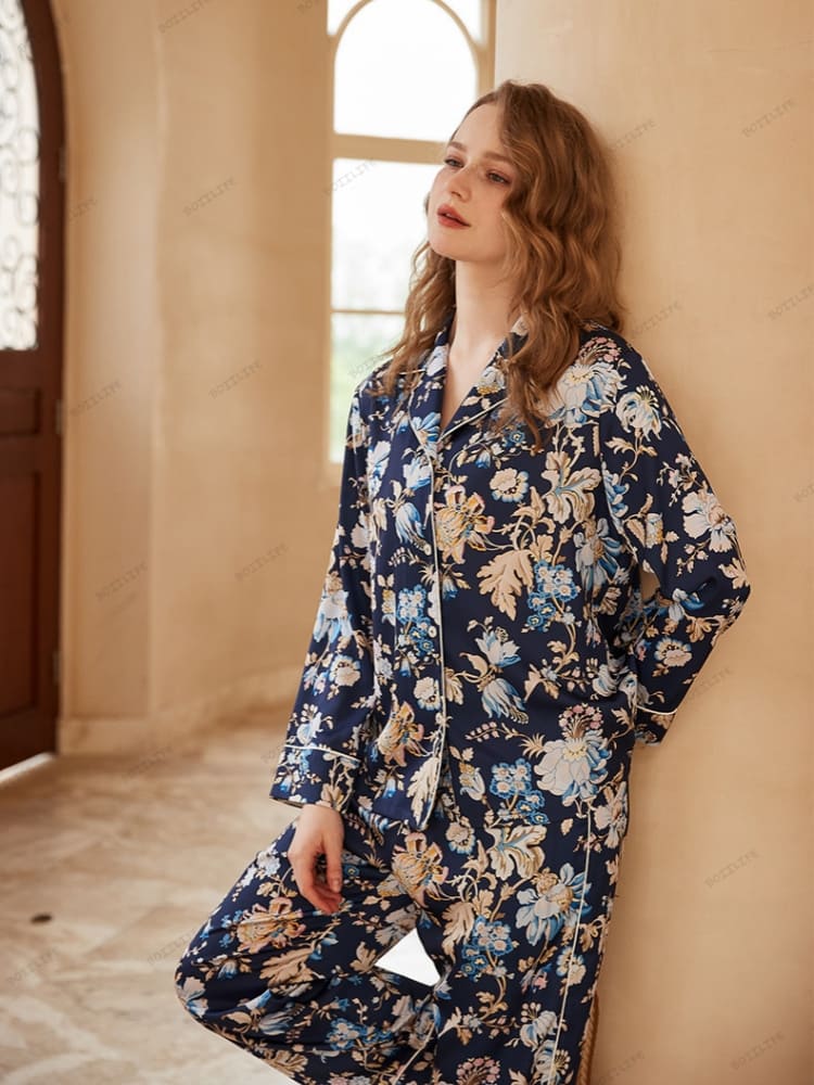 Begonia Flower Print Long-Sleeve Pajama Loungewear Set-Massicos