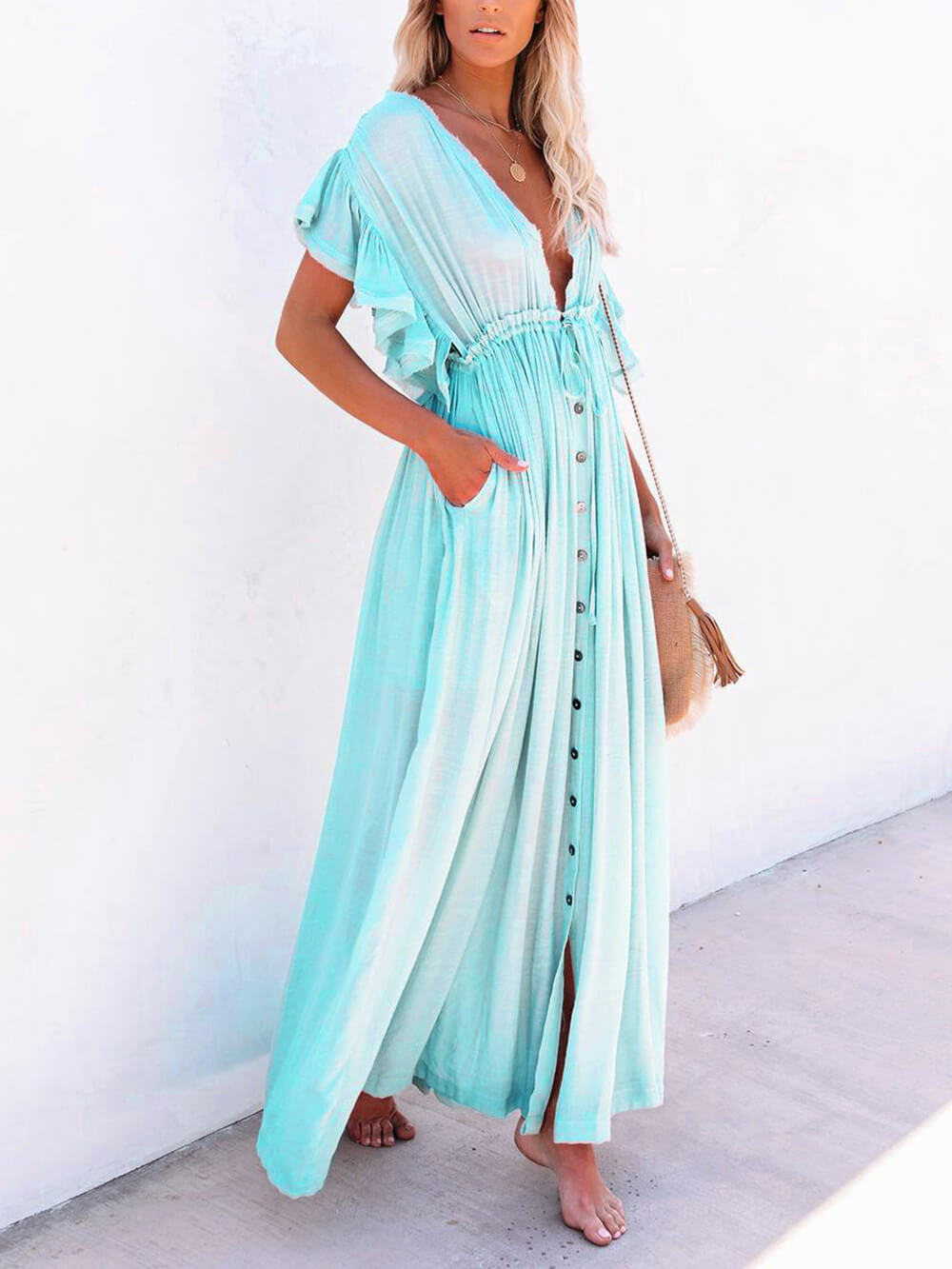 Button Cotton Linen Perfect Beach Boho Maxi Dress-Massicos