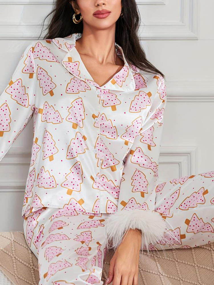 Christmas Tree Print Satin Pajama Set-Massicos