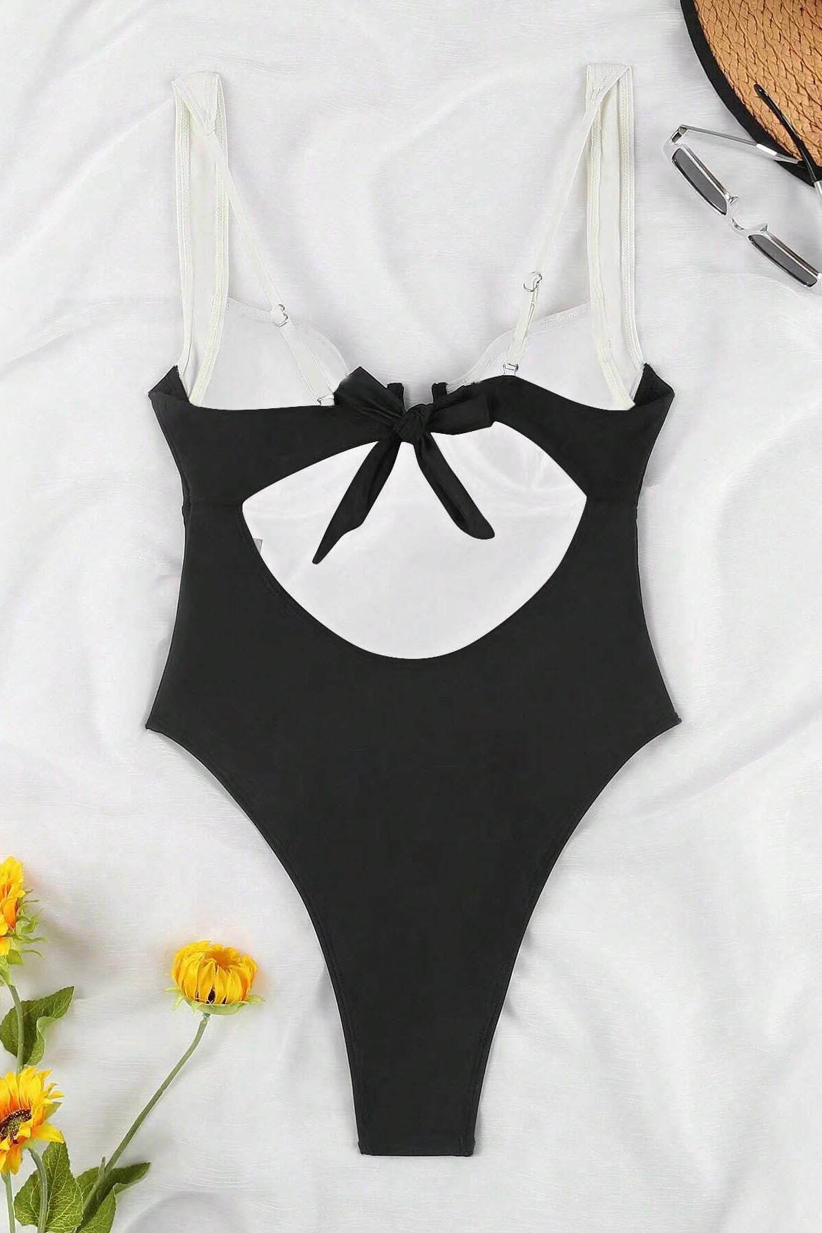 Black And White Patchwork U-Neck One-Piece Swimsuit-ROVOLE