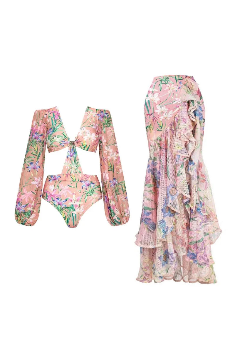 Mesh Patchwork Printed Long Sleeve Swimsuit-ROVOLE