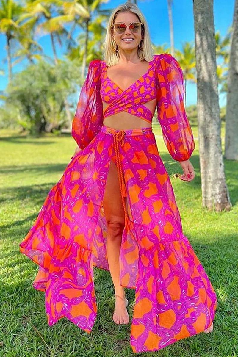 Long-Sleeve Tie-Up Printed Swimsuit Set-ROVOLE