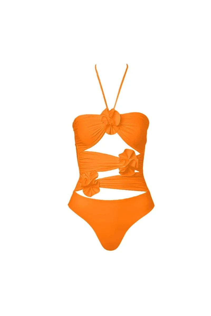 Halter 3D Floral Backless One Piece Swimsuit-ROVOLE