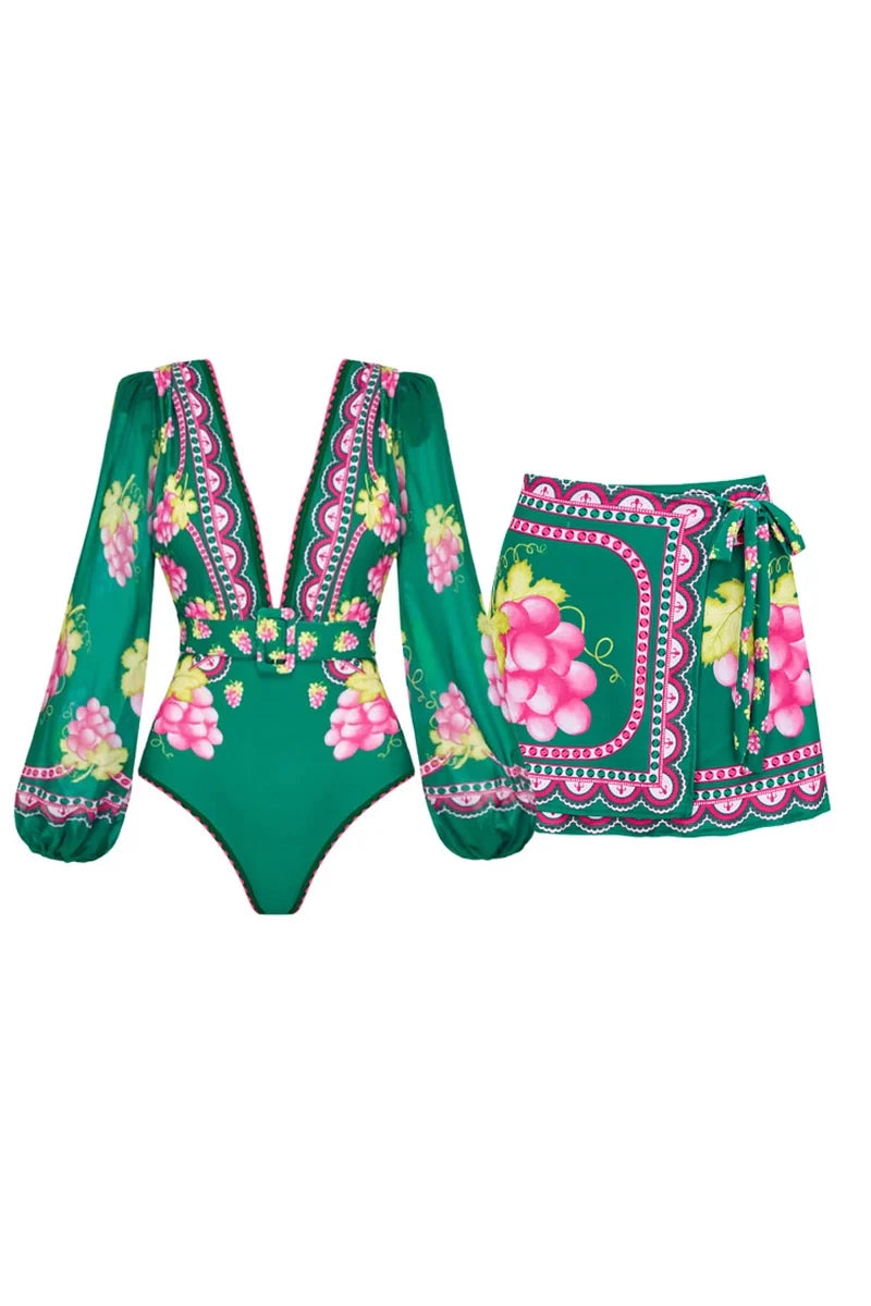 Long Sleeve Short skirt Swimsuit Set-ROVOLE