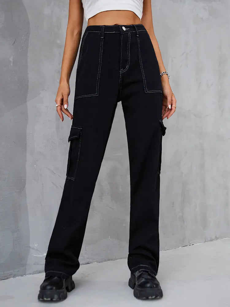 Elastic Waist Utility Denim Pants-Massicos