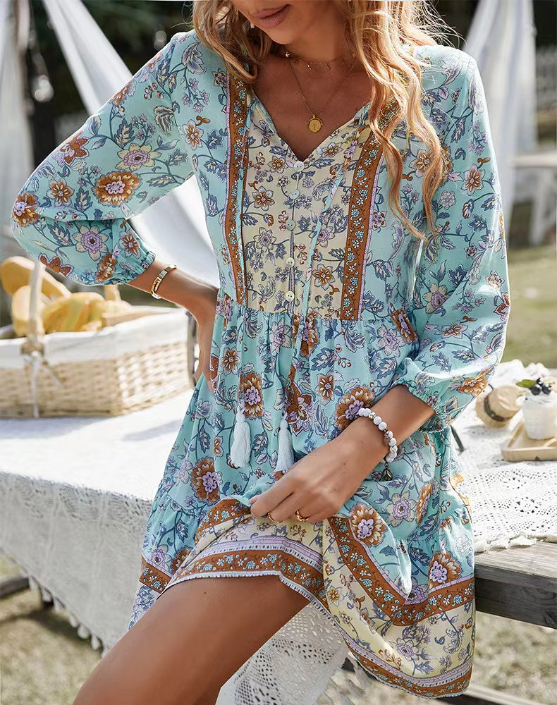V-neck Printed Casual Bohemian Short Dress-Massicos