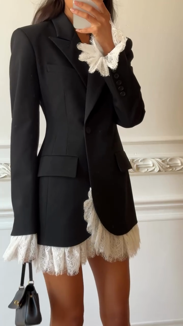 Black Blazer Dress with White Lace Trim-Massicos