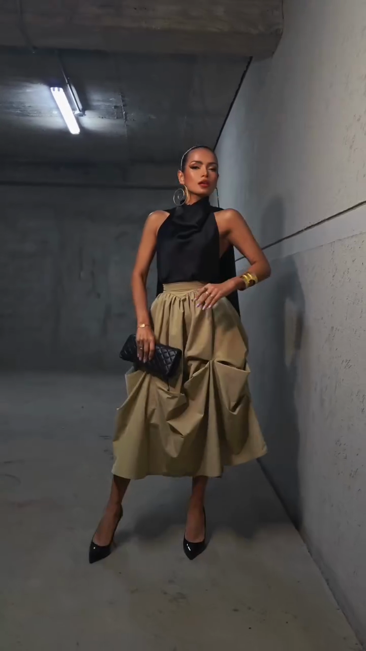 Black Satin Top and Khaki Pleated Midi Skirt Set-ROVOLE