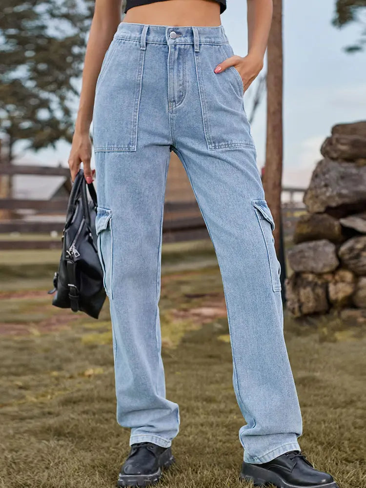Elastic Waist Utility Denim Pants-Massicos