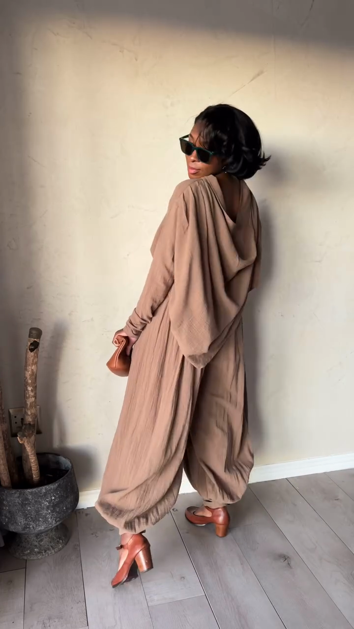 Taupe Off - the - Shoulder Top and Baggy Pants Set-Massicos
