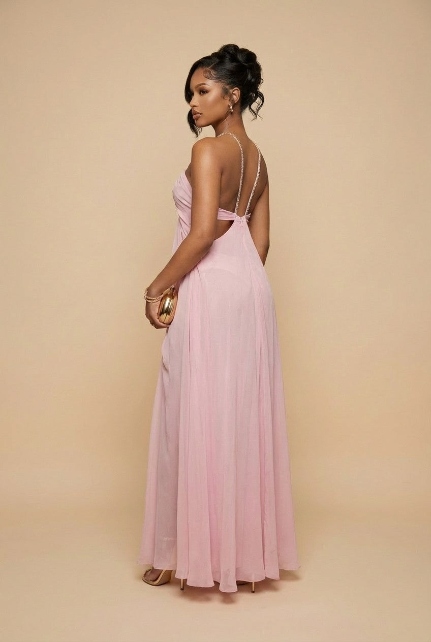 Rosé Éclat Crystal Halter Evening Gown