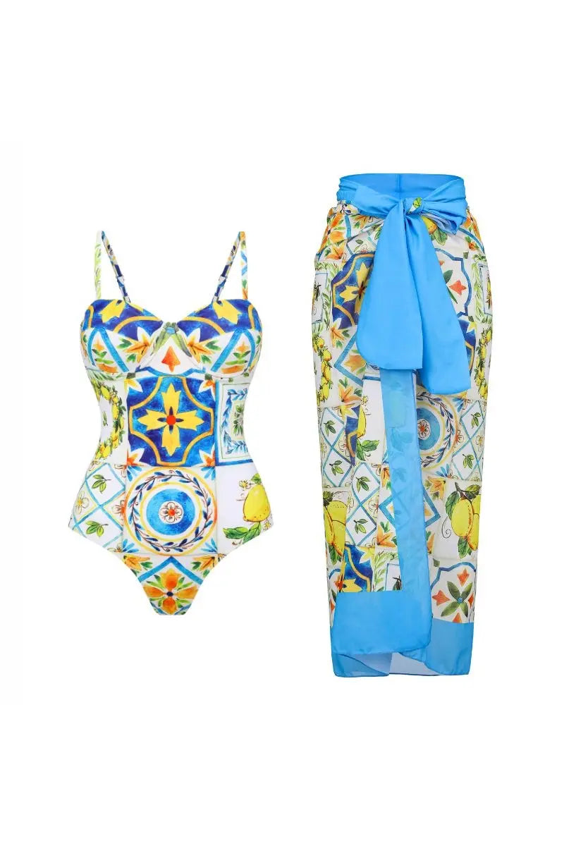 Lemon Print Backless One Piece Swimsuit Set-ROVOLE
