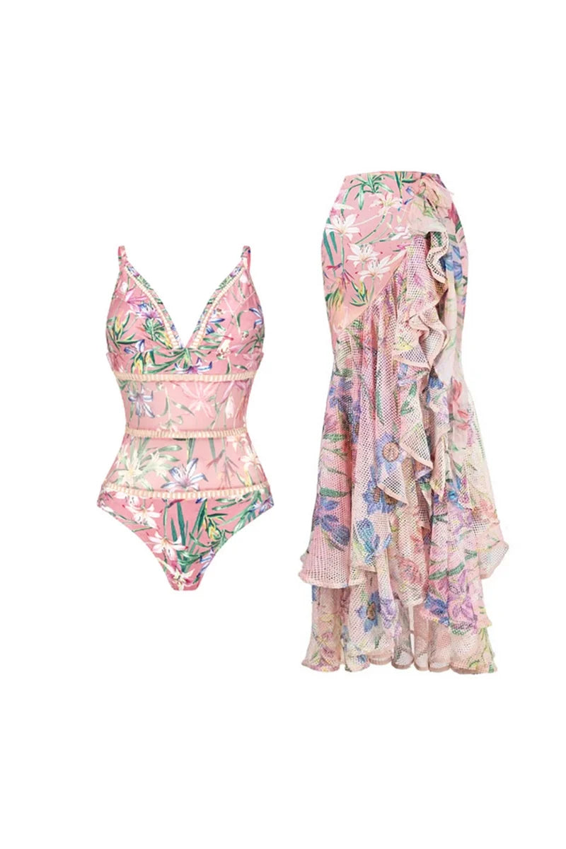 Mesh Patchwork Printed Swimsuit Set-ROVOLE