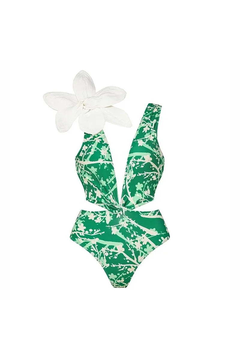 Floral Appliqué Green Printed One-Piece Swimsuit-ROVOLE