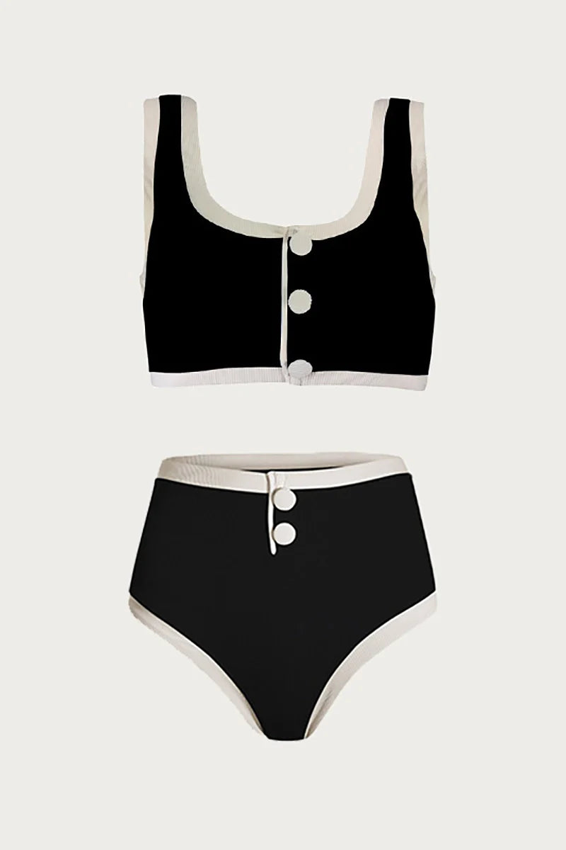 Elegant Contrast Button Detail Two-Piece Swimsuit-ROVOLE