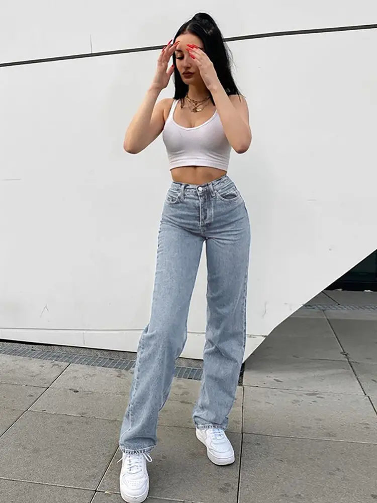 High-Waisted Printed Denim Pants-Massicos