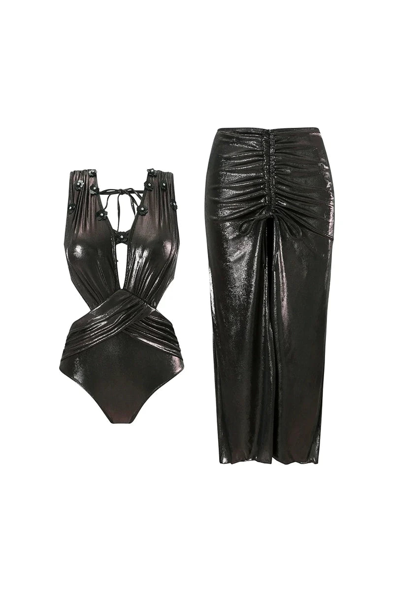 Black Sequin Appliqué Cutout Glossy Swimsuit-ROVOLE