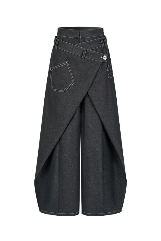 Swinging Symphony Fake Two-Piece Wide-Leg Jeans-Massicos