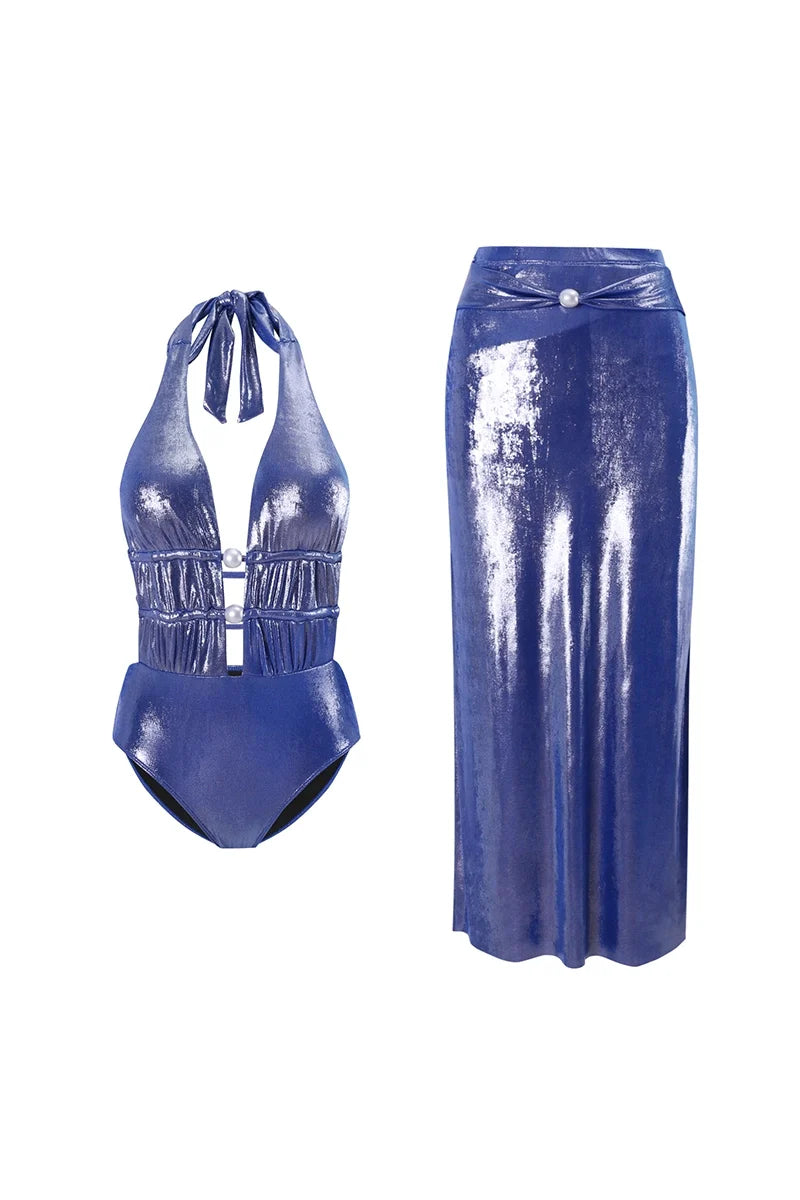 Glossy Mist Deep V Halter Pearl Swimsuit-ROVOLE