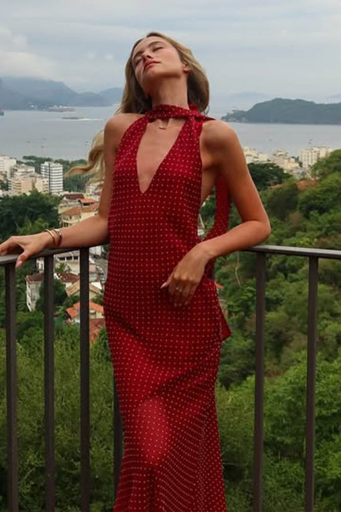 Polka Dot Halter Colorblock Dress-ROVOLE