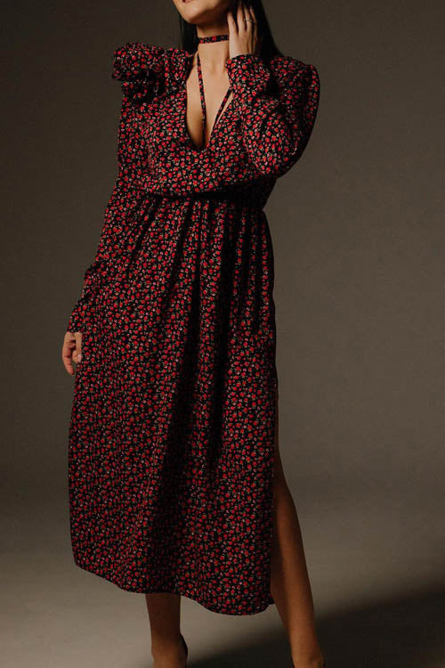 Bertha Flower V Neck Midi Dress-ROVOLE