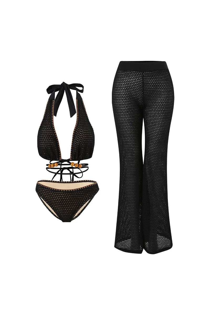Beaded Knit Tie-String Black Bikini Set-ROVOLE